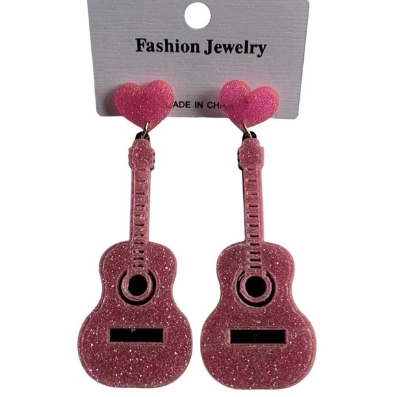PINK Acrylic Guitar Pierced Bling Earrings - Picture 3 of 4